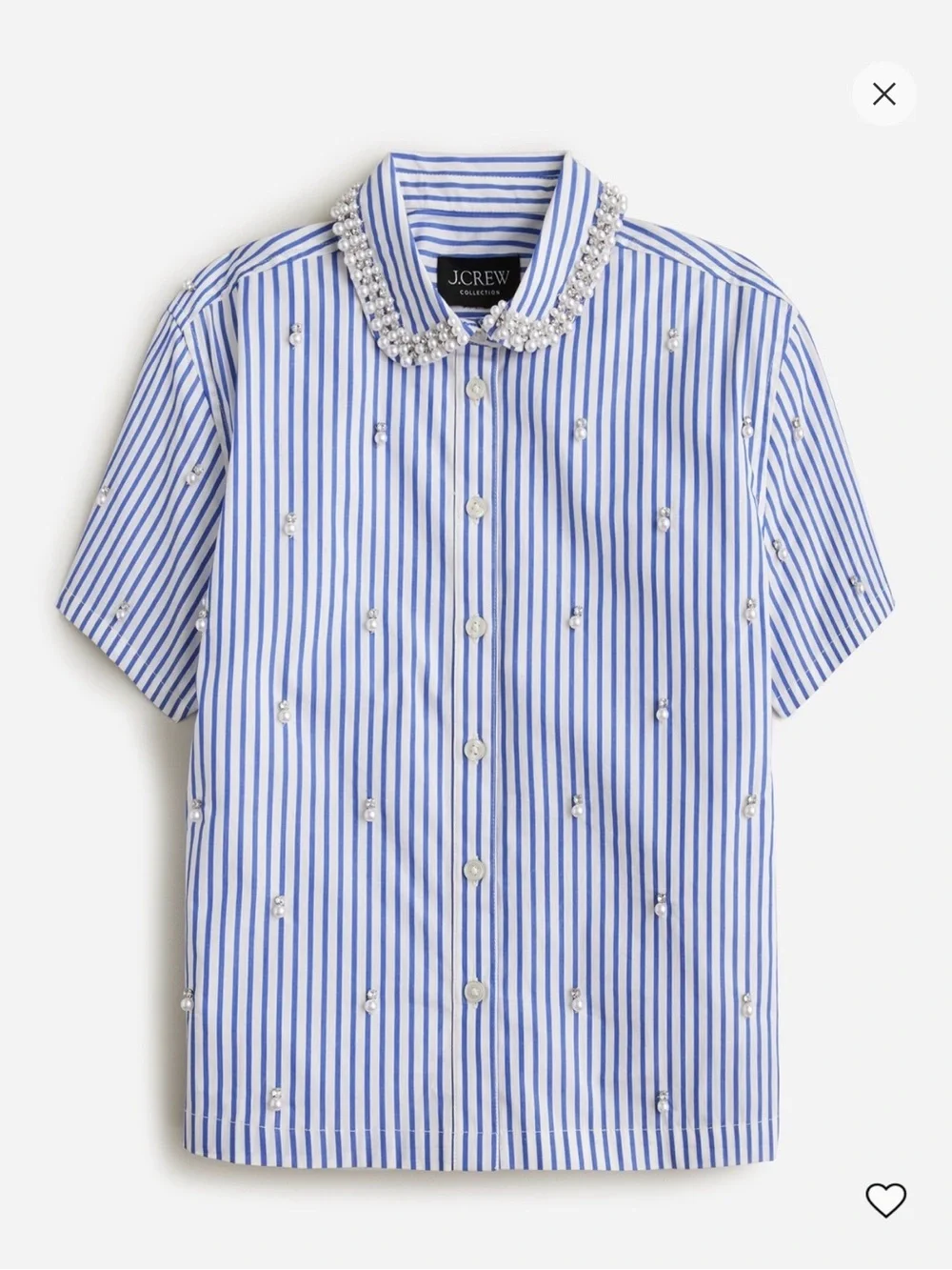 J. Crew Collection Cropped Short-Sleeve Shirt in Stripe with Pearl Details